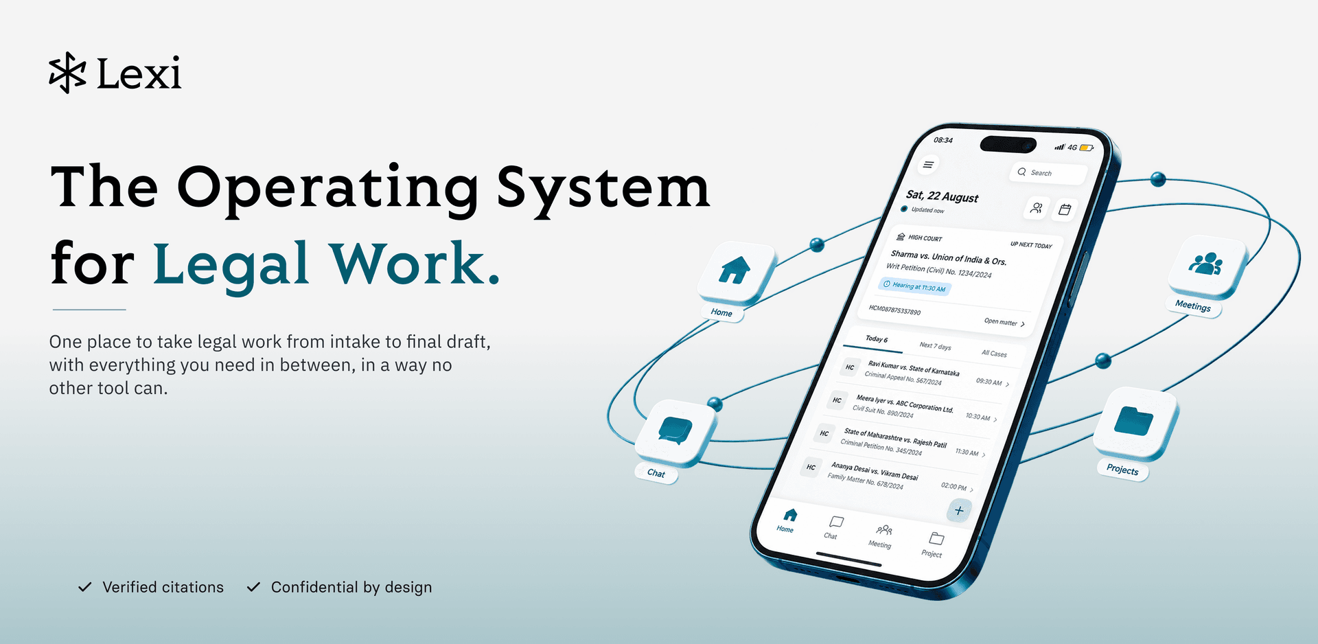 The Lexi mobile app showing today's hearings, chat, meetings, and projects